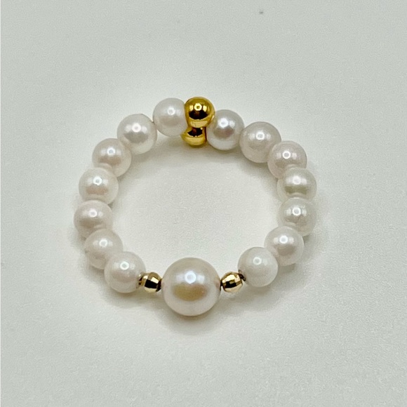 ❣️ Japan 18K Real Yellow Gold Ring Baby Akoya Pearl Stretchable ❣️ - Picture 4 of 6